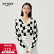 深呼吸DEEP BREATH女裝V領(lǐng)棋盤(pán)格麻花肌理羊毛針織開(kāi)衫毛衣女A400956 白 M (3)