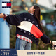 TOMMY JEANS【寬松燈籠袖】秋冬女學(xué)院純棉后背醒目撞色V領(lǐng)針織開(kāi)衫外套 藏青白紅拼色C1G XS （推薦：100斤以下）