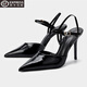 2026春季新款黑色漆皮尖頭高跟鞋細跟涼鞋后空腳腕絆帶設計感小眾 黑色 10cm 37