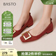 百思圖（BASTO）【絲絨玫瑰】26春新款方扣紅色單鞋高跟粗跟淺口女平底婚鞋 紅色（2.5cm絨面款） 37