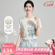 金菊基礎款真絲桑蠶絲花卉印花夏季圓領(lǐng)短袖通勤百搭日常女式T恤上衣 白色 L