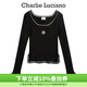 Charlie Luciano標識針織緊身毛衣秋冬新款喇叭袖上衣圓領(lǐng)小香風(fēng)cl針織衫女 黑色 S