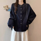 衣然呈品藍色復古牛仔外套女春秋新款大碼胖mm顯瘦遮肚設計感上衣夾克女裝 深藍色 M 【建議105-120斤】
