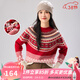 金菊圣誕費爾島提花100%綿羊毛厚款2026新款條紋復古保暖毛衣女羊毛衫 紅色 均碼 F(165/88A)