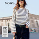 MO&Co.長(cháng)袖T恤春條紋透氣精紡落肩袖短款航海系MBE1TEET14 杏黑條 M /165