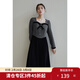獨束大碼女裝法式優(yōu)雅撞色連衣裙冬新款復古方領(lǐng)微胖mm中長(cháng)款裙子 灰黑色 M