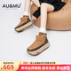 AU&MU澳洲冬季女士雪地靴加厚羊皮毛一體短筒男靴防滑輪胎厚底加絨棉鞋 栗色-男女款 【羊皮毛一體】2033 37