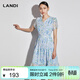 藍地（LANDI）2023年夏季新款淺藍色v領(lǐng)印花碎花連衣裙女雪紡中長(cháng)裙子 淺藍色 S