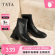 他她TATA靴子女秋冬黑色時(shí)裝短靴粗跟瘦瘦鞋 黑色（絨里） 36