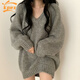 KPEX寬松V領(lǐng)大毛衣女2026新款春秋裝顯瘦百搭中長(cháng)款慵懶風(fēng)針織衫毛衣 灰色 L