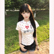 哈魯迪愛(ài)心狗爪碎花短袖t恤女夏季2026新款修身美式辣妹短款正肩上衣ins 白色 均碼 (80-115斤）