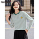 品彩（PinCai）T恤女春秋條紋圓領(lǐng)長(cháng)袖T恤優(yōu)雅休閑寬松打底衫P143T2014