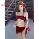 JUZEELY泳衣女純欲風(fēng)性感辣妹立體花朵抹胸小胸裙款三件套比基尼游泳衣女 酒紅色 L