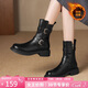 ZHR則則短靴女潮酷厚底加絨牛仔女靴復古圓頭騎士靴子女 BL306A 黑色 37