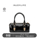 INJOYLIFE鎖扣法棍包女新款復古手提小圓筒包通勤單肩斜挎包 黑色