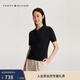 Tommy Hilfiger【絞花針織】春夏女純棉優(yōu)雅通勤撞色門(mén)襟翻領(lǐng)合身短袖開(kāi)衫 黑色BDS XS （推薦：100斤以下）