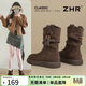 ZHR平底短靴女加絨流蘇雪地靴女復古絨面牛皮堆堆女靴EH256A 咖色 39