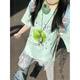 LDBE韓系學(xué)院風(fēng)星星蘋(píng)果印花純棉短袖t恤女夏季新款寬松圓領(lǐng)百搭上衣 薄荷綠色 M 80-100斤