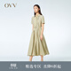 OVV春夏熱賣(mài)女裝抽褶收腰襯衫式版型休閑A字傘裙短袖連衣裙 卡其綠（凈色）07 S