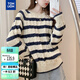 唐獅（TonLion）2025秋冬條紋絞花女圓領(lǐng)套頭毛衣