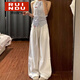 Rindu韓版高街白色褶皺牛仔褲女夏季2026新款顯瘦闊腿直筒休閑牛仔褲子 白色【褶皺】 S