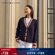 Tommy Hilfiger【羊毛羊絨混紡】秋冬女裝休閑慵懶拼色寬松V領(lǐng)開(kāi)衫毛衣外套 藏青色DW5 S
