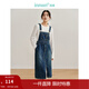 茵曼（INMAN）【商場(chǎng)同款】牛仔背帶裙2024春秋女裝新品后下擺開(kāi)叉休閑長(cháng)裙 牛仔藍 S
