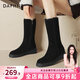 達芙妮【保暖加絨】冬季絨里中筒休閑靴百搭內增高厚底絨面女士雪地靴  黑色絨里 36
