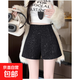 小香風(fēng)亮片毛呢短褲女2026春秋新款氣質(zhì)高腰顯瘦外穿a字闊腿靴褲 黑色 M