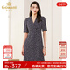 喬萬(wàn)尼v領(lǐng)修身收腰印花碎花連衣裙夏季新款中長(cháng)裙子女裝新款 藍色 XL