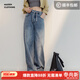 馬登淺藍色女士闊腿牛仔褲復古抽繩直筒褲遮肉顯瘦垂感休閑長(cháng)褲子春 淺藍色 【寬松/卡碼拍小】 M （100-120斤）
