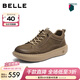 百麗男鞋休閑板鞋男士冬季真牛皮套腳工裝鞋子8YE01DM5 卡其色-單里（低幫款） 42