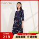 敦奴春季商場(chǎng)同款時(shí)尚印花修身圓領(lǐng)高腰七分袖連衣裙 藏藍 M