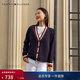 Tommy Hilfiger【羊毛羊絨混紡】秋冬女裝休閑慵懶拼色寬松V領(lǐng)開(kāi)衫毛衣外套 藏青色DW5 S