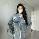 衣然呈品春秋新款破洞外套女ins高街潮牌港風(fēng)日系原宿韓版潮流寬松夾克女 藍色 M 【建議105-120斤】