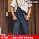 馬登工裝美式復古情侶甲板背帶褲水洗丹寧直筒闊腿牛仔褲休閑長(cháng)褲男潮 牛仔藍 XL