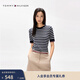 Tommy Hilfiger【條紋鑲邊】春夏女裝純棉平紋拼色圓領(lǐng)內搭打底短袖針織衫 黑白條紋02A XS （推薦：90-100斤）
