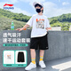李寧（LI-NING）兒童運動套裝男童夏季短袖套裝純棉夏裝新款大童青少年童裝兩件套 標準白/黑色 （純棉上衣+速干短褲） 170