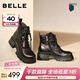 百麗（Belle）時(shí)尚串珠牛皮馬丁靴女冬季新款商場(chǎng)同款厚底增高短靴F2T1DDD5 黑色-單里 37