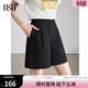 歐莎（OSA）短褲女夏季25年新款高腰直筒闊腿褲休閑五分褲薄款休閑短褲 黑色A L