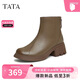 他她TATA奶皮靴法式粗跟彈力靴女靴子羊皮短靴 棕色（單里） 38