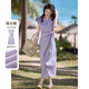 尚靜綁帶收腰顯瘦短袖連衣裙女2026夏季新款棉質(zhì)法式氣質(zhì)優(yōu)雅長(cháng)裙女 風(fēng)信紫 M