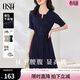 歐莎（OSA）短袖連衣裙子女夏季2025新款收腰顯瘦復古襯衫裙子中長(cháng)款 藏藍色 L