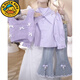 G.duck兒童女春秋套裝2026新款洋氣中大童時(shí)尚針織馬甲襯衫牛仔褲三件套 【三件套】淺紫馬甲+淺紫襯衫+牛仔褲 160