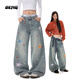 OEMG 星星貼布彎刀牛仔褲女男春秋季水洗做舊寬松闊腿顯瘦百搭長(cháng)褲子 淺藍色 【高品質(zhì)】 M [建議90-105斤]