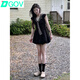 DGOV小個(gè)子巨好看黑色字花苞連衣裙子女夏季新款披肩短袖假兩件短 黑色 （配披肩） S