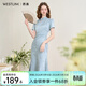 西遇新中式改良旗袍長(cháng)裙女2026年春季新款提花盤(pán)扣收腰短袖連衣裙 藍色 M (160)