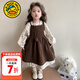 G.duck小黃鴨女童連衣裙春秋中小童長(cháng)袖碎花裙套裝兒童裙子女寶寶公主裙 咖色 110 建議4~5歲【100-110cm】cm