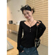 鉚釘黑色V領(lǐng)內搭長(cháng)袖T恤女春季2026新款修身設計感可外穿打底上衣 黑色 S