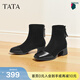 他她（TATA）女鞋靴子冬商場(chǎng)同款新款時(shí)裝靴女百搭顯瘦粗跟短靴子CE501DD5 黑色（寬版） 37